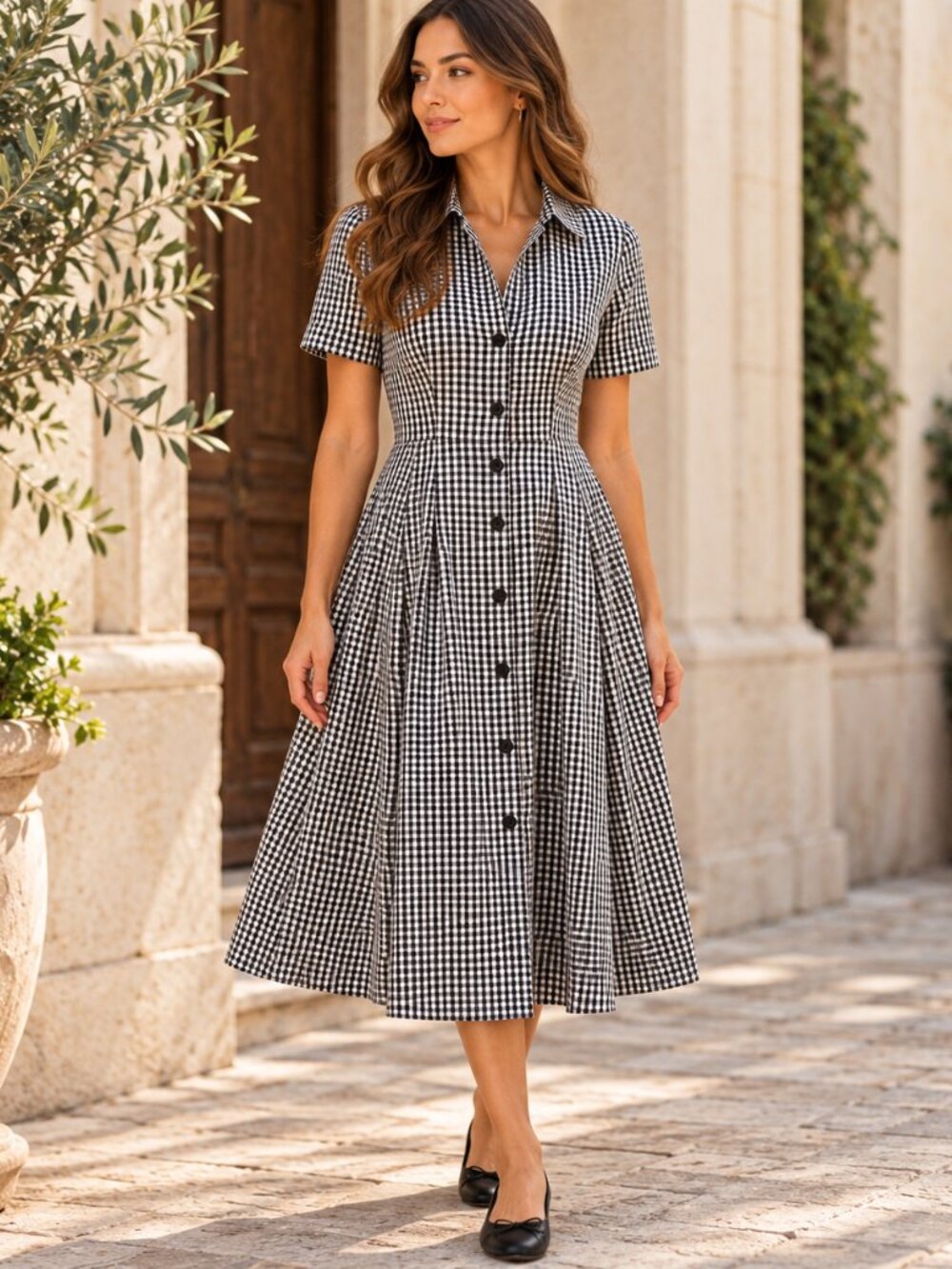 Donna Karan Dress Womens 8 Black White Gingham Midi Button Fit Flare Cottage